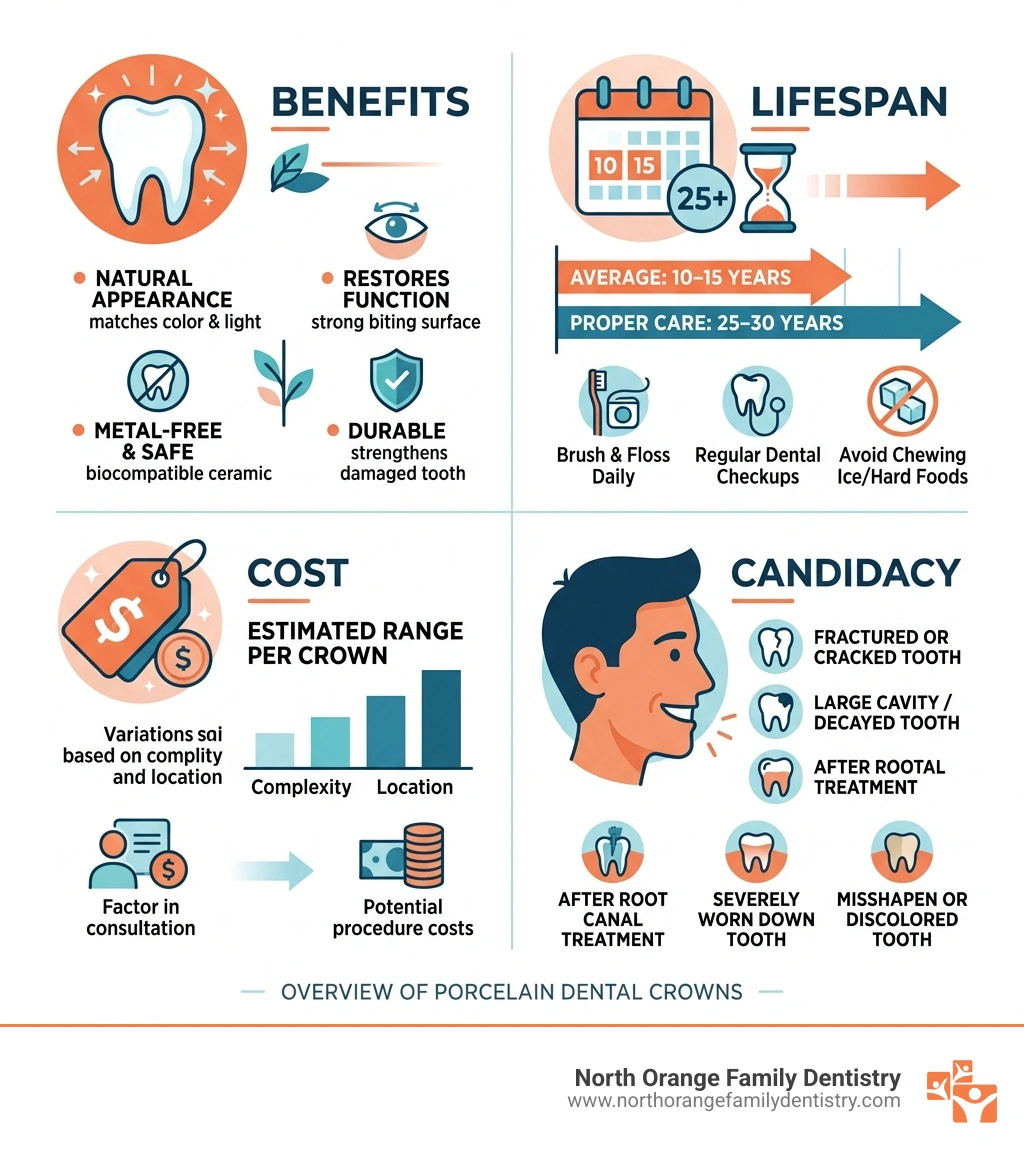 Benefits, lifespan, cost, and candidacy overview of porcelain dental crowns - porcelain dental crowns infographic 
