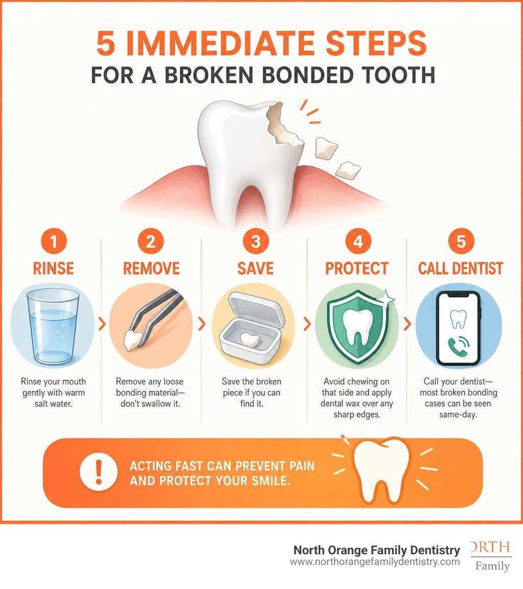 Infographic showing immediate steps for a broken bonded tooth: rinse, remove, save, protect, call dentist infographic Infographic showing immediate steps for a broken bonded tooth: rinse, remove, save, protect, call dentist infographic
