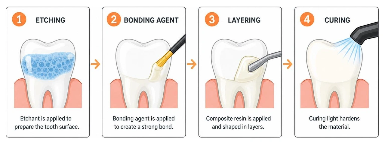 Step-by-step chemical and mechanical bonding process: etching, bonding agent, layering, curing Step-by-step chemical and mechanical bonding process: etching, bonding agent, layering, curing