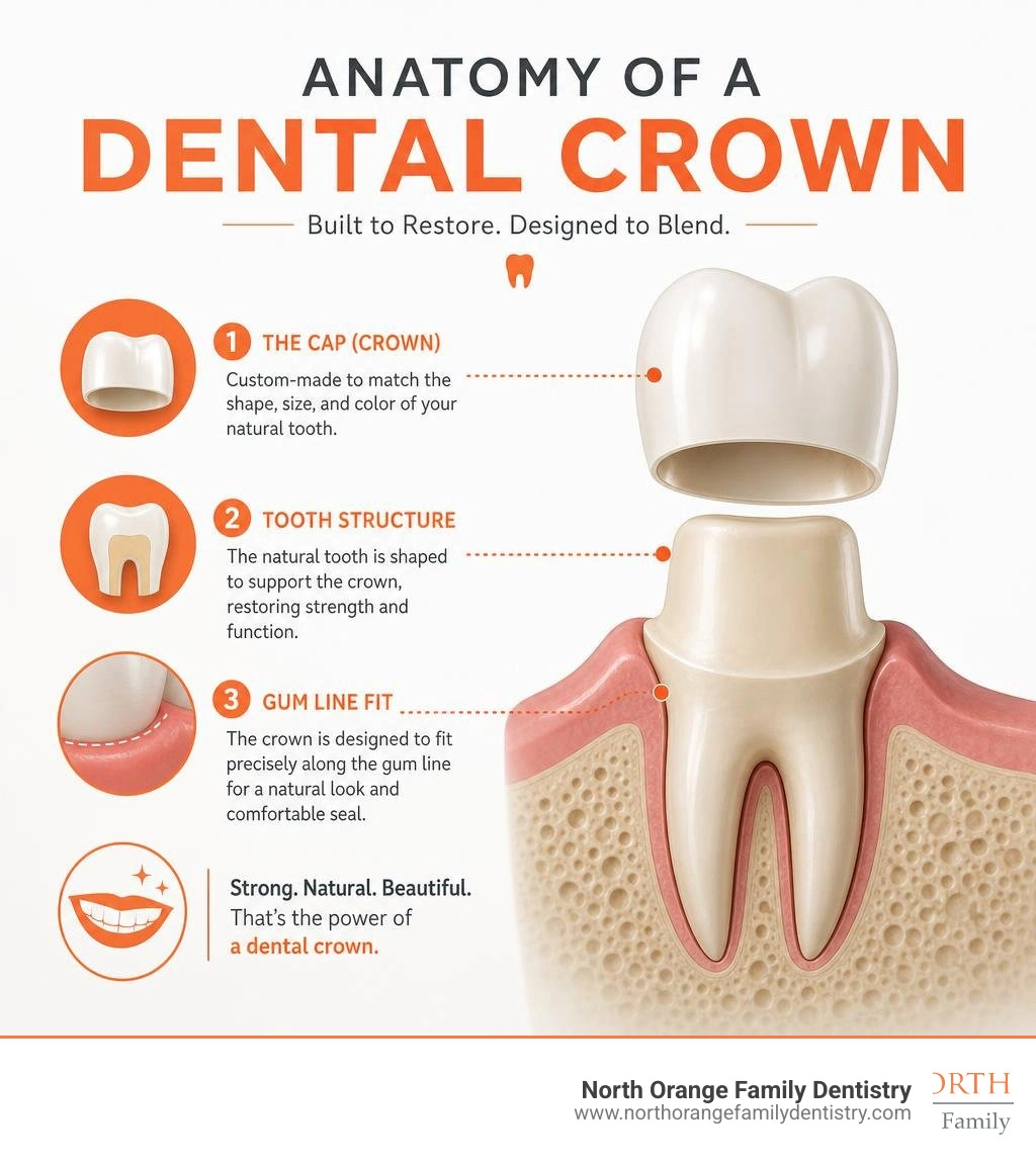 Anatomy of a dental crown showing cap, tooth structure, and gum line fit infographic Anatomy of a dental crown showing cap, tooth structure, and gum line fit infographic