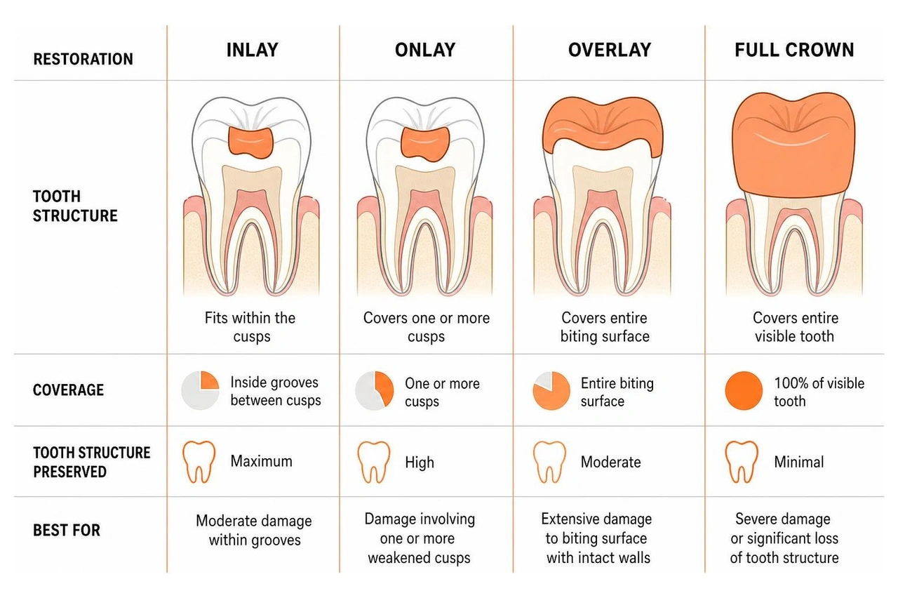 diagram showing tooth structure comparison for inlay onlay overlay and full crown