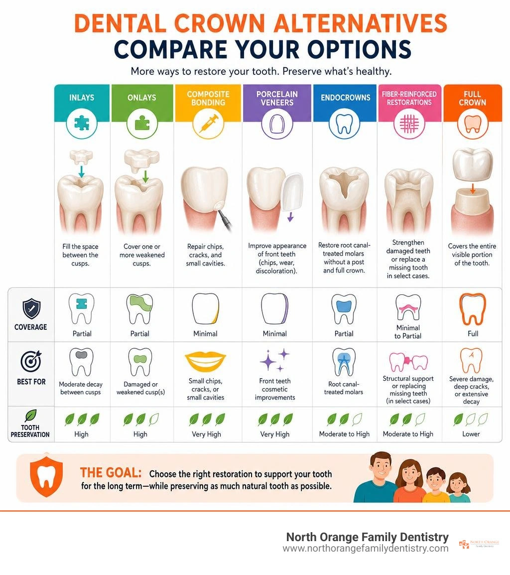 infographic comparing inlays onlays bonding veneers endocrowns and full crowns infographic
