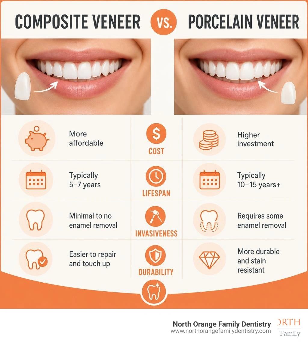 Composite veneer vs porcelain veneer comparison infographic key differences cost lifespan invasiveness infographic Composite veneer vs porcelain veneer comparison infographic key differences cost lifespan invasiveness infographic