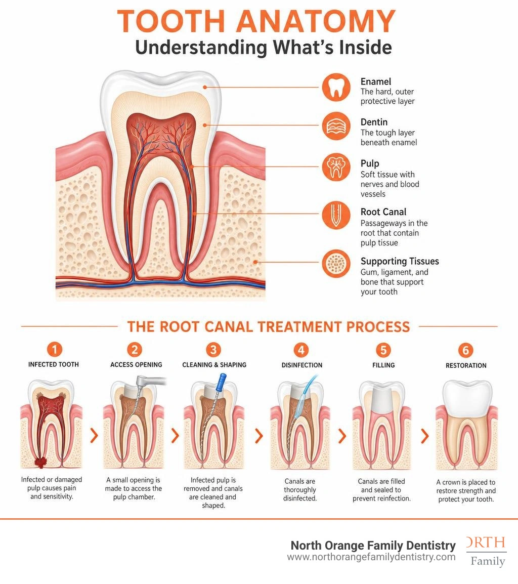Tooth anatomy infographic showing pulp, root canal, and surrounding tissues with the root canal treatment process infographic Tooth anatomy infographic showing pulp, root canal, and surrounding tissues with the root canal treatment process infographic