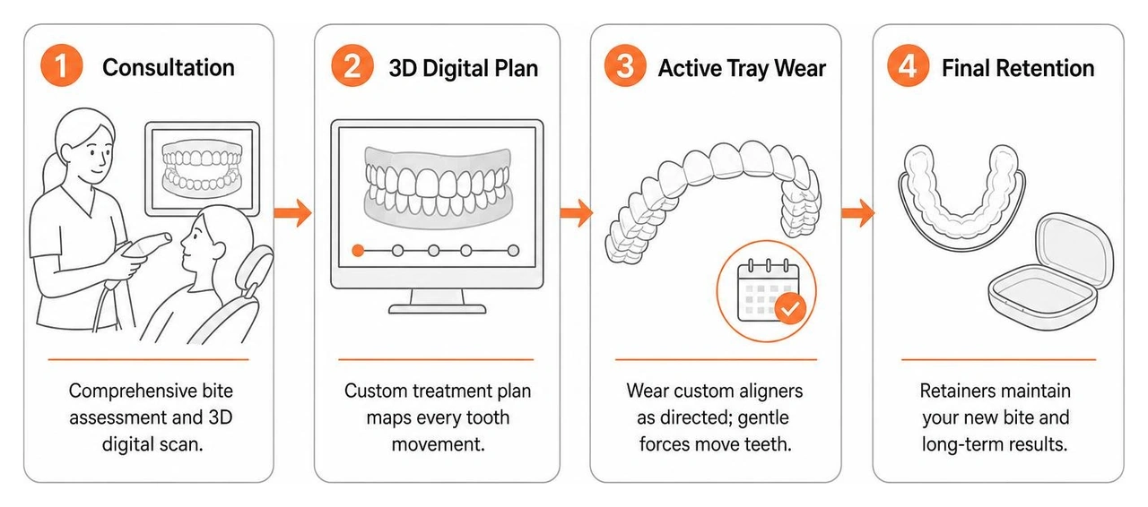 Step-by-step aligner treatment process: consultation, 3D digital plan, active tray wear, and final retention Step-by-step aligner treatment process: consultation, 3D digital plan, active tray wear, and final retention