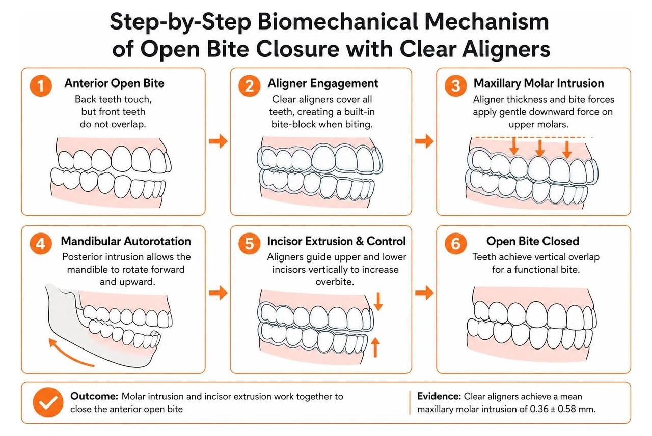 Step-by-step biomechanical mechanism of open bite closure with clear aligners Step-by-step biomechanical mechanism of open bite closure with clear aligners