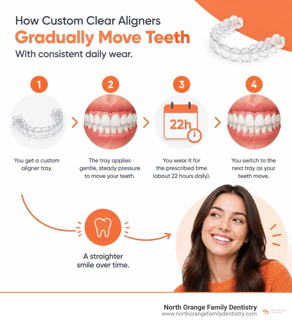 How custom clear aligners gradually move teeth with consistent daily wear infographic How custom clear aligners gradually move teeth with consistent daily wear infographic