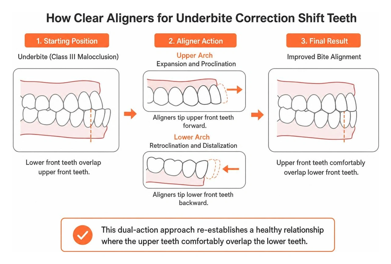 Step-by-step movement of upper teeth moving forward and lower teeth moving backward