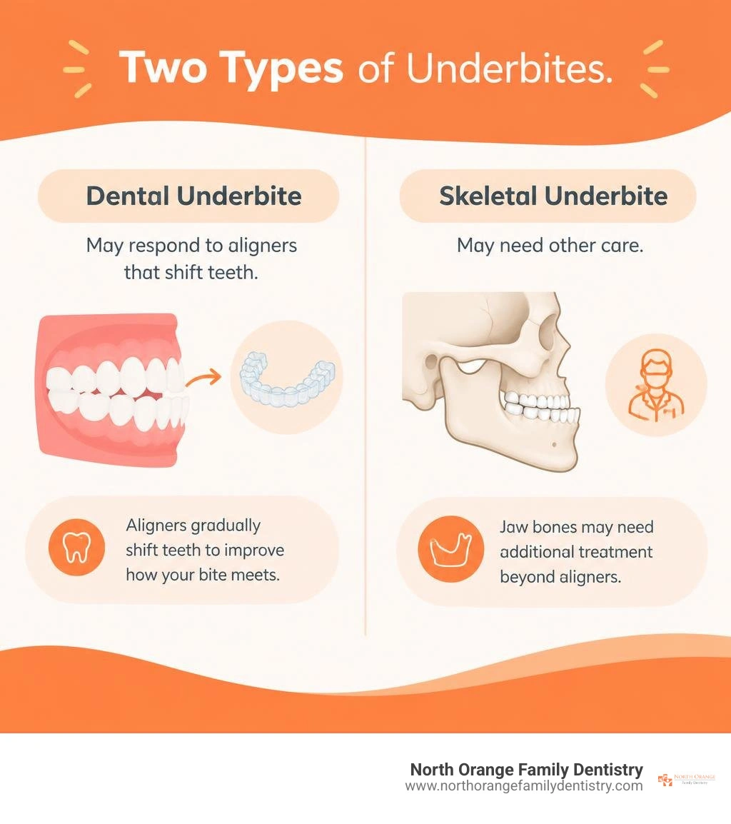 Dental underbites may respond to aligners that shift teeth; skeletal underbites may need other care infographic