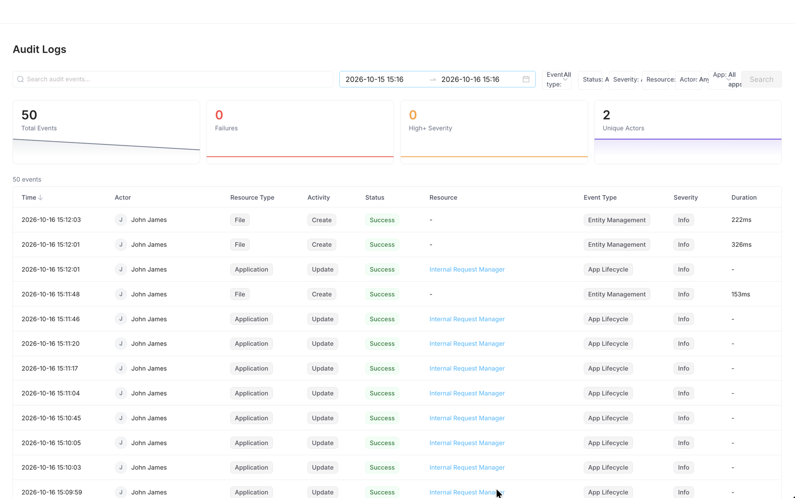 Audit Logs listing application updates and file creations by one user