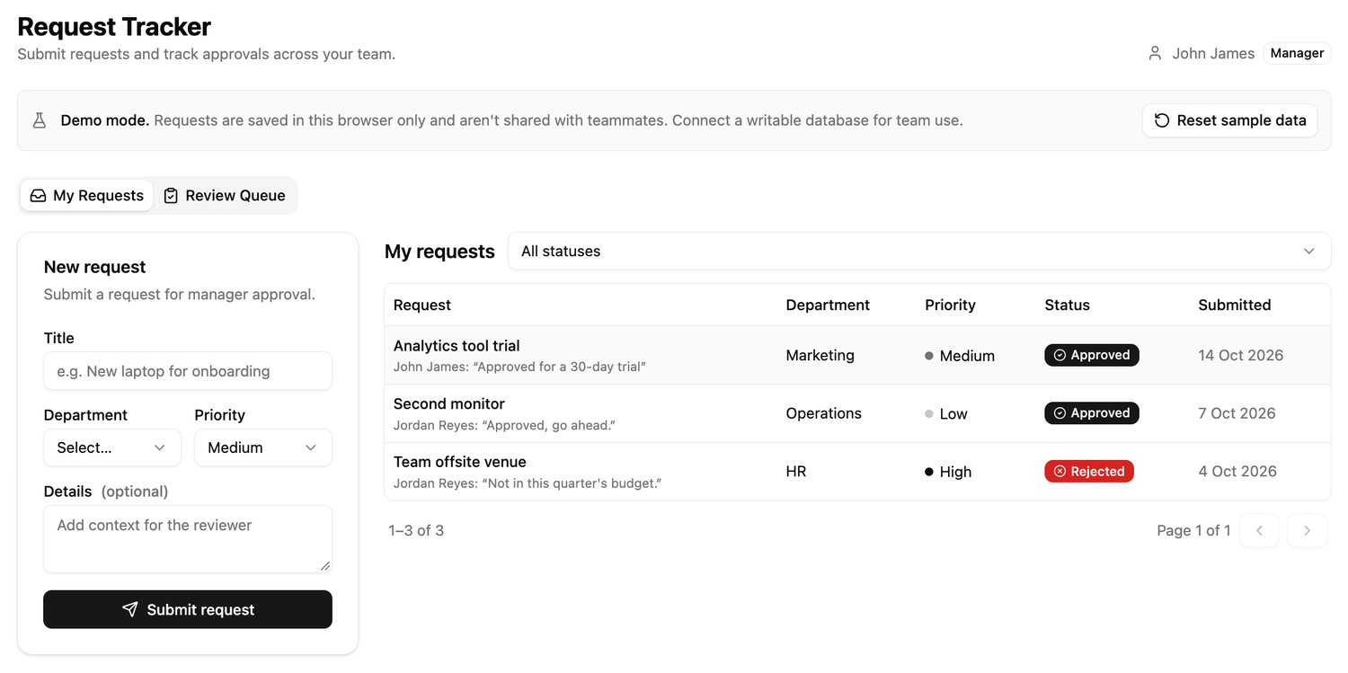 My Requests showing Analytics tool trial as Approved with a reviewer note