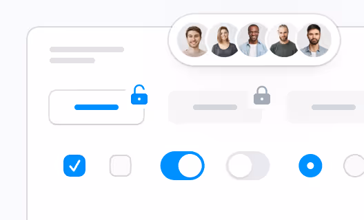 User interface with toggle switches, checkboxes, radio buttons, and locked/unlocked icons, plus a row of five user profile pictures in circular frames.