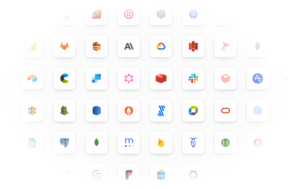 Grid of colorful technology and software platform logos on white rounded squares against a gray background.