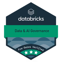 Databricks badge with text Data & AI Governance and a Pre-Sales Verified ribbon featuring three white stars.