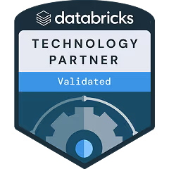 Databricks Technology Partner badge with 'Validated' status and a gear icon at the bottom.
