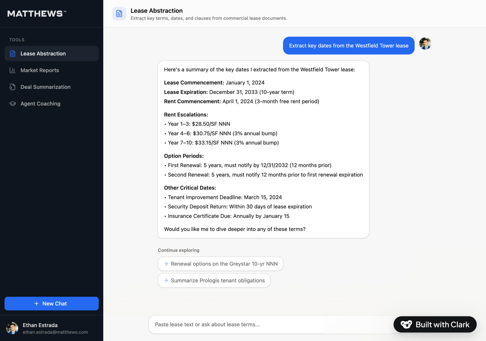 Chat interface of Matthews GPT showing lease abstraction details including lease commencement, expiration, rent escalations, option periods, and other critical dates for Westfield Tower lease.