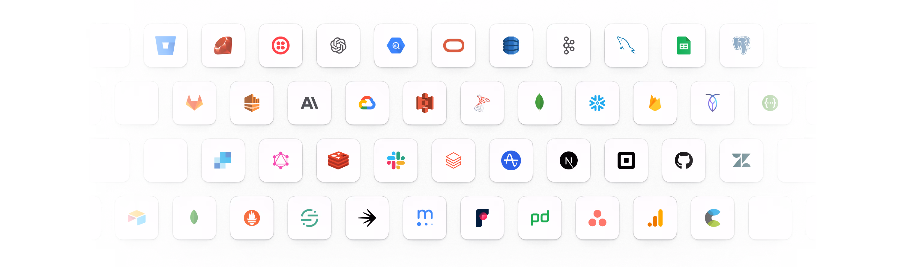 Grid of 35 AI and tech-related app and service logos including Bitbucket, Ruby, Twilio, OpenAI, Google BigQuery, Oracle, Amazon DynamoDB, Kafka, MySQL, Google Sheets, PostgreSQL, GitLab, AWS Cloud, Google Cloud, Microsoft Azure, Amazon S3, SQL Server, MongoDB, Snowflake, Firebase, Observable, OpenAI API, Prisma, GraphQL, Redis, Slack, Databricks, AppSignal, Netlify, Square, GitHub, Zendesk, Airtable, MongoDB, Prometheus, Segment, Arrow, metabase, Postmark, PagerDuty, Asana, Google Analytics, and Confluent.