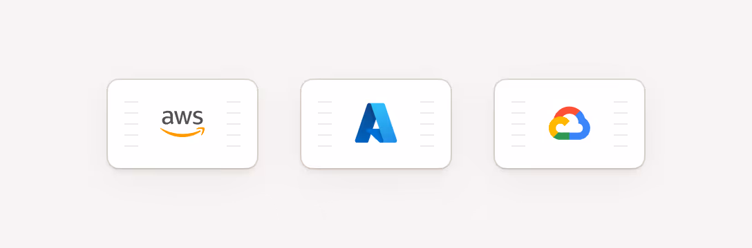 Three rectangular cards featuring logos of cloud platforms: AWS, Microsoft Azure, and Google Cloud.