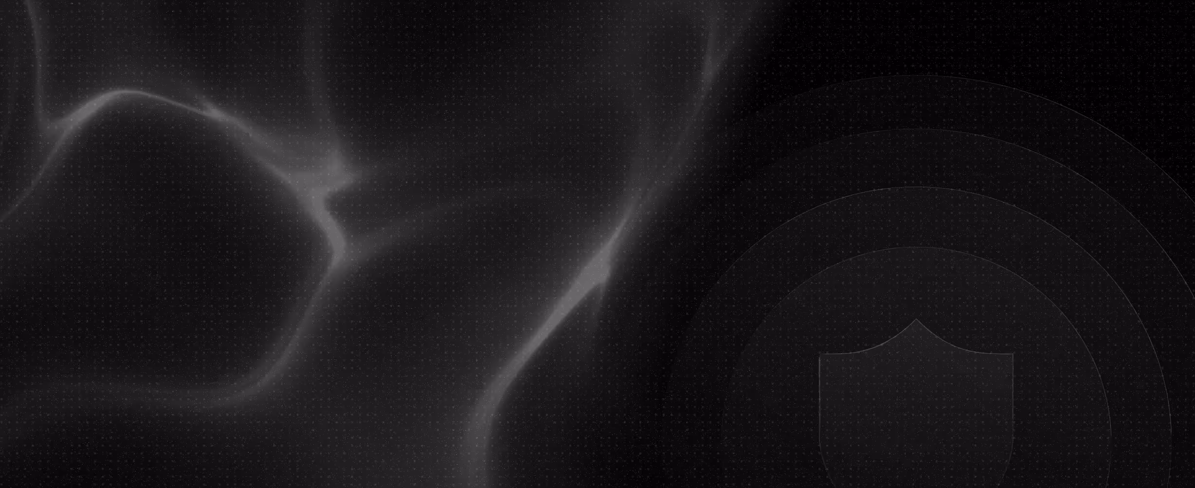 Abstract dark background with subtle shield shape and curved lines emitting light effects.