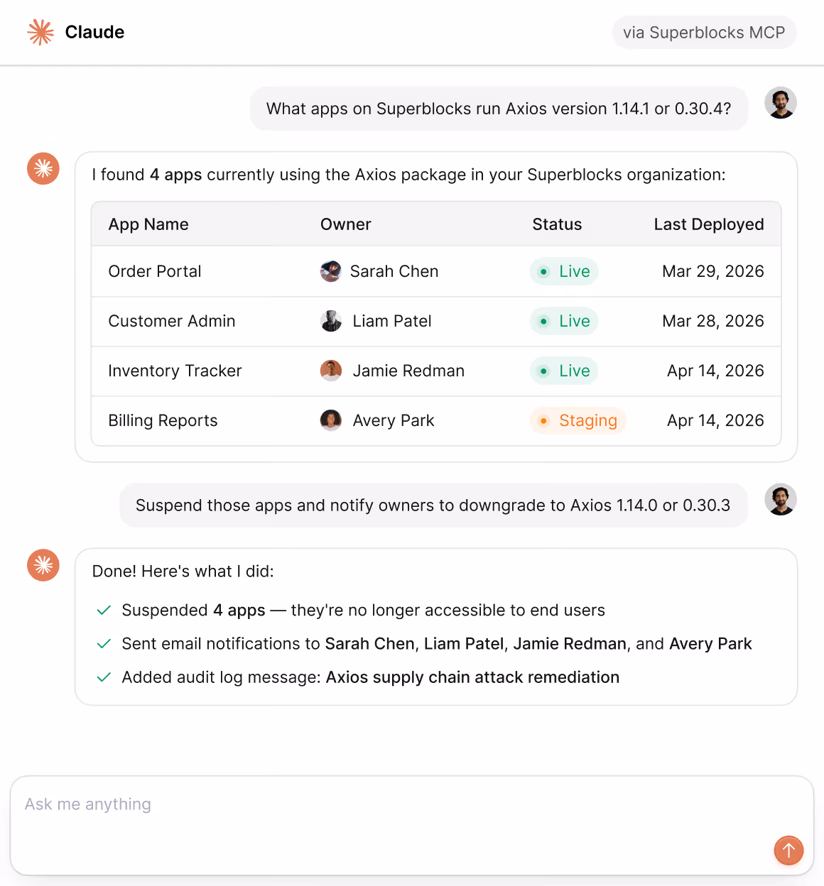 Chatbot lists 4 Superblocks apps using Axios and confirms suspension and notifications to owners.