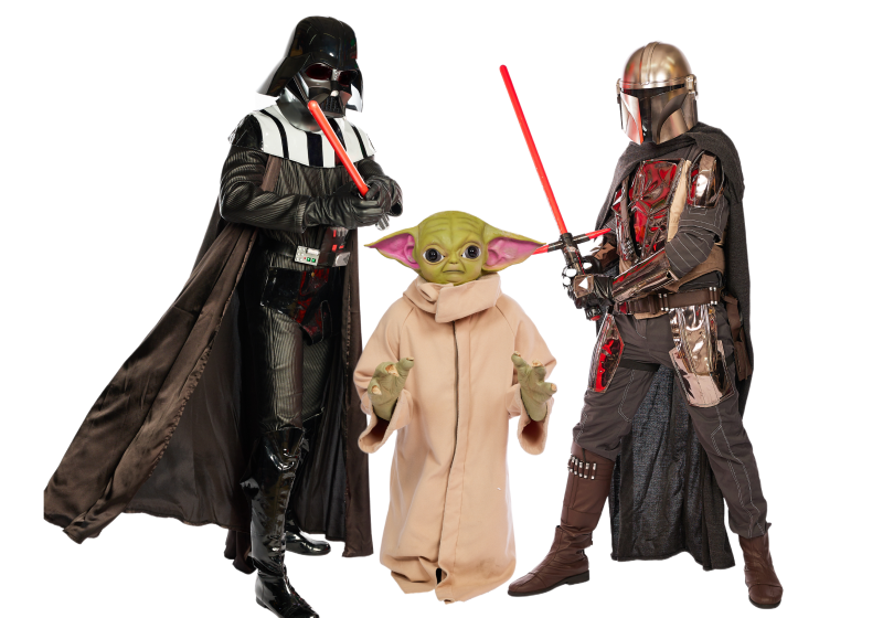 Baby Yoda, a woman, a trooper and Star Wars themed decorations 