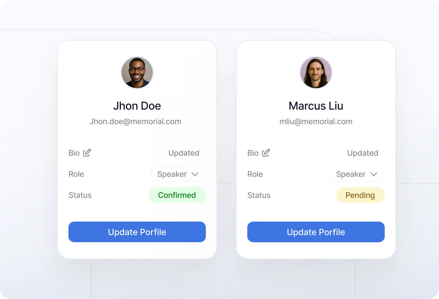 Two speaker profile cards displaying user photos, email addresses, roles, and status tags labeled ‘Confirmed’ and ‘Pending,’ each with a blue ‘Update Profile’ button