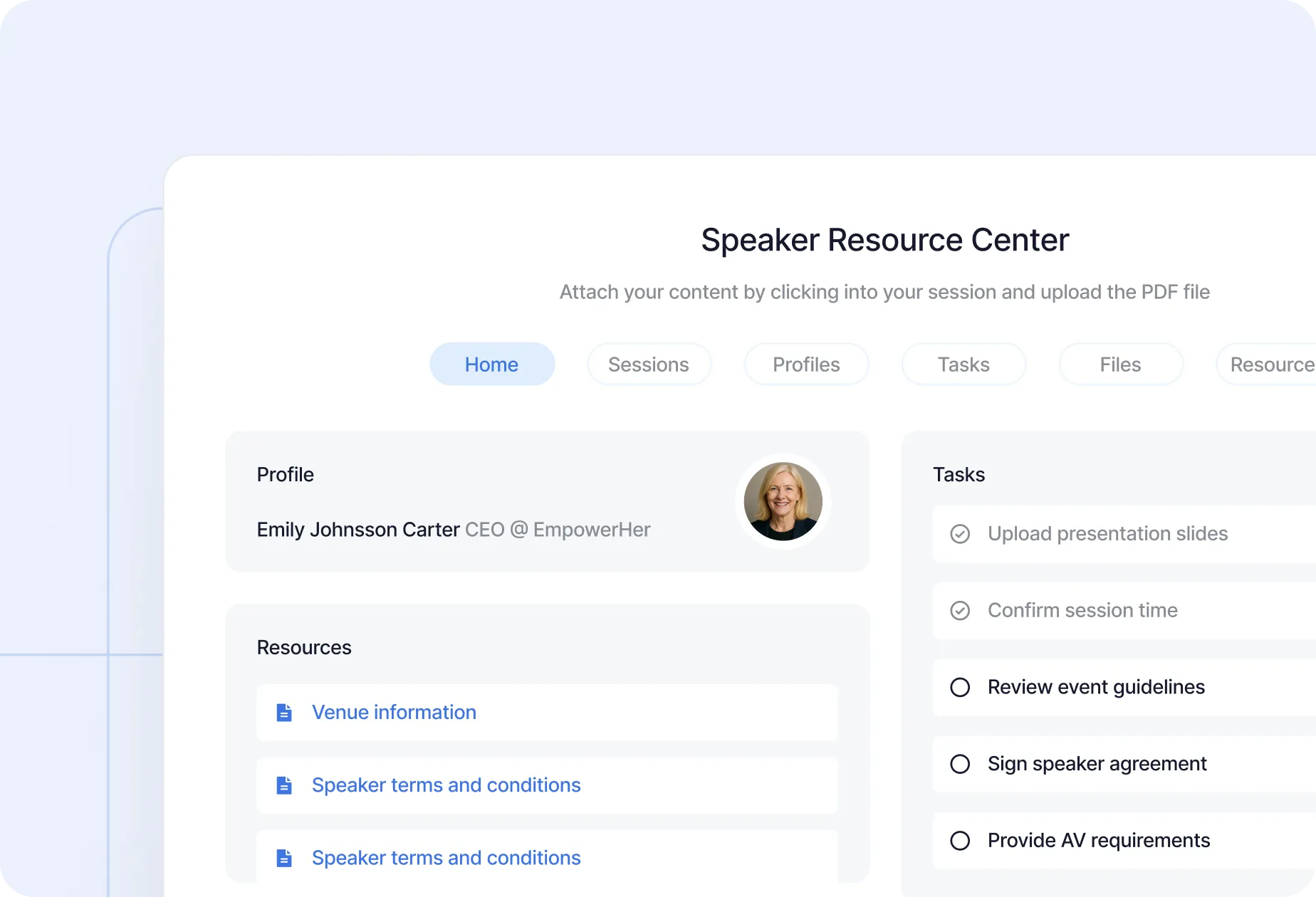 Dashboard view of a speaker resource center with navigation tabs, profile information, resource links, and a task list including items like uploading slides and confirming session time.