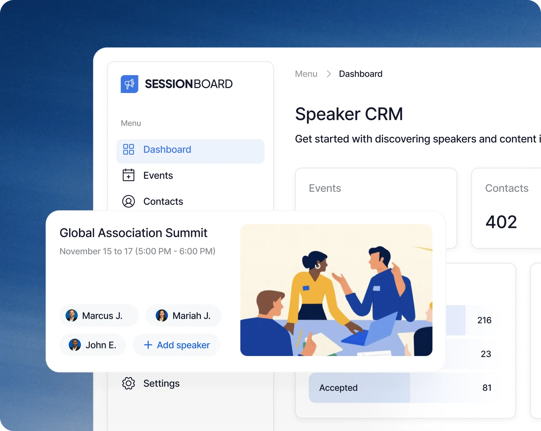 SessionBoard platform interface showing the Smarter Speaker and Content Management system for Association Events.