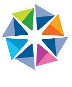 Colorful geometric star-shaped logo with eight triangular segments in blue, green, orange, and purple.
