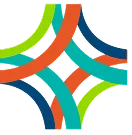 Abstract geometric design with curved lines forming a symmetrical pattern in green, orange, blue, and dark blue colors.