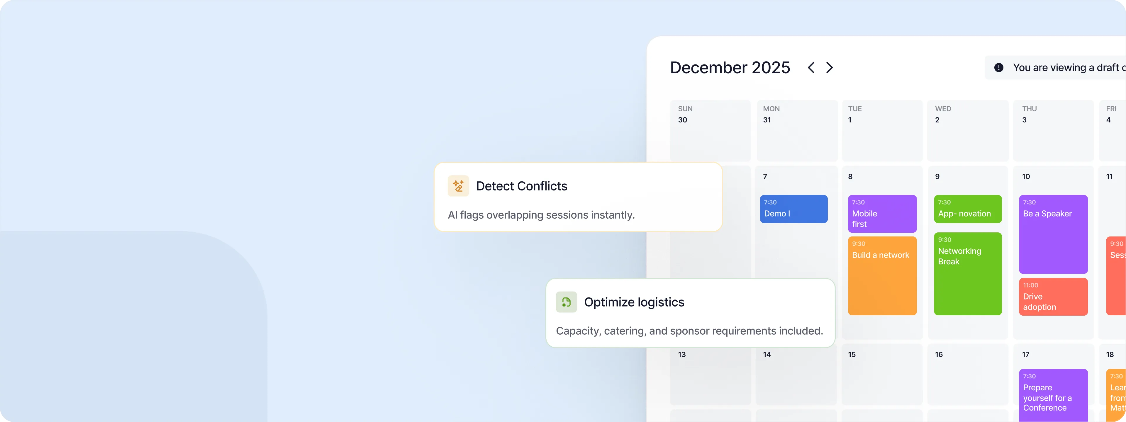 Abstract multicolored logo with curved lines on a white rounded square overlaying a blurred audience and speaker background.