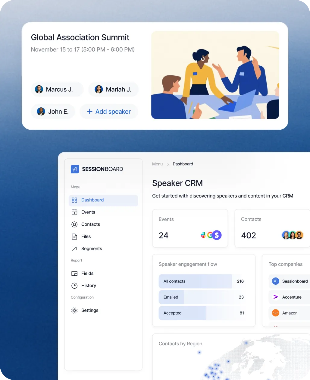 Dashboard interface of a Speaker CRM showing event details, speaker list, engagement flow, top companies, and contacts by region.