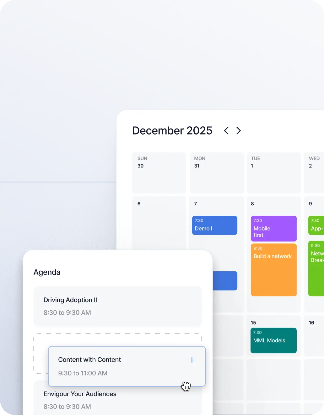 Calendar interface showing December 2025 with color-coded events and a draggable agenda item labeled 'Content with Content' scheduled from 9:30 to 11:00 AM.