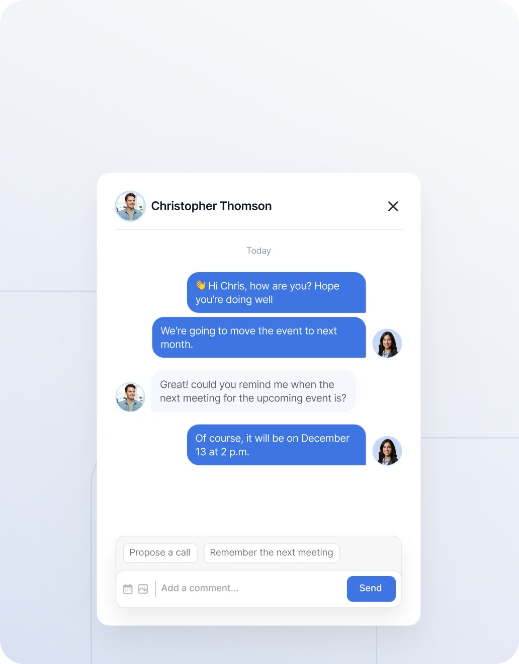 Chat interface showing a conversation between two people about moving an event to next month and scheduling a meeting on December 13 at 2 p.m.