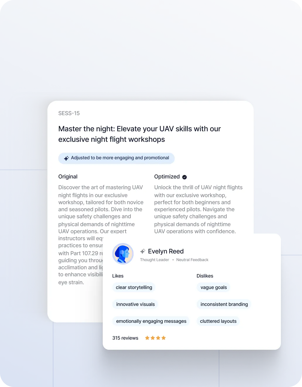 A user interface showing optimized promotional text for a UAV night flight workshop, with feedback from Evelyn Reed highlighting likes such as clear storytelling and dislikes like vague goals.