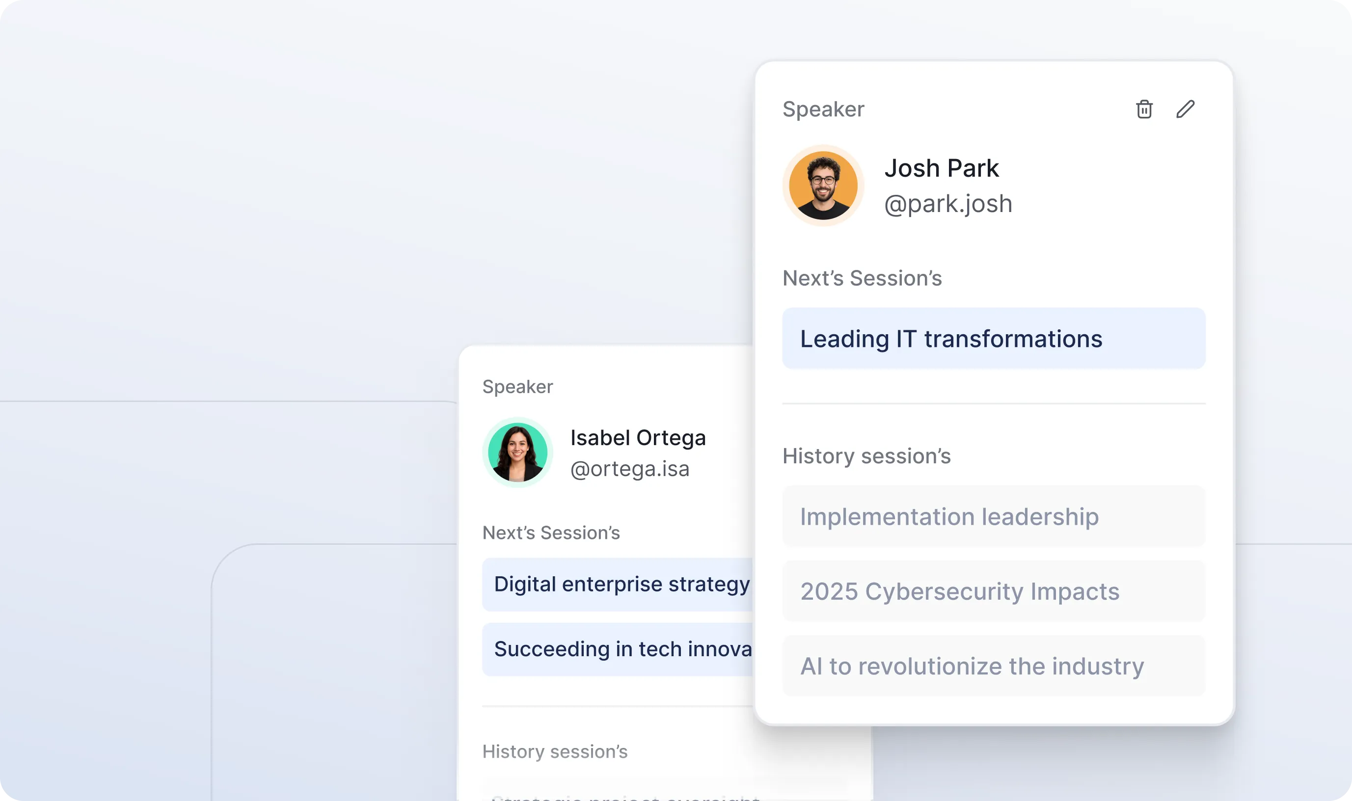 Profiles of two speakers, Josh Park and Isabel Ortega, showing their next sessions and past sessions titles.