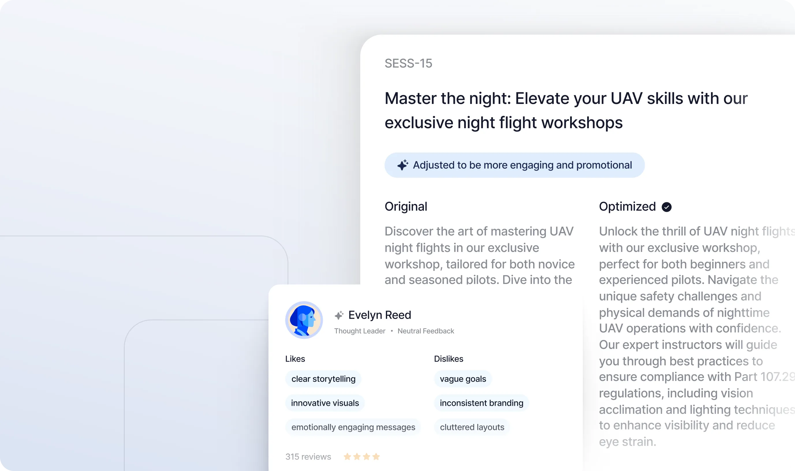 User interface showing a title 'Master the night: Elevate your UAV skills with our exclusive night flight workshops', with sections for Original and Optimized text versions, and a feedback card from Evelyn Reed listing likes and dislikes for storytelling and branding.