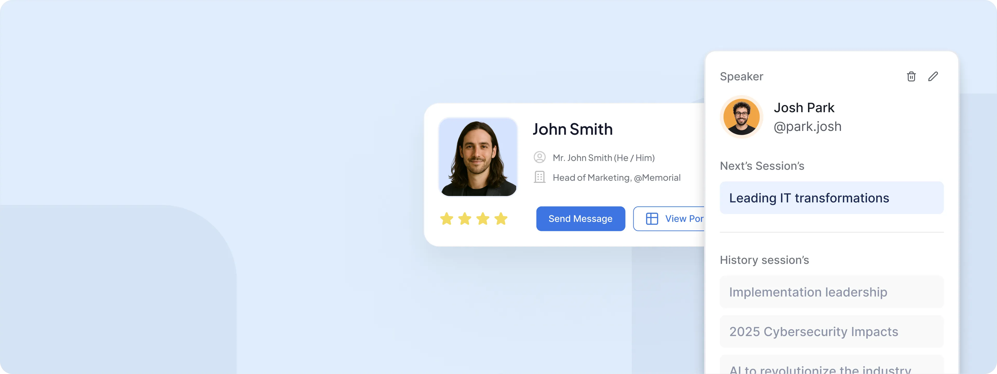 Profile cards for John Smith, Head of Marketing, with message button and rating, and Josh Park as speaker listing next and past session topics.