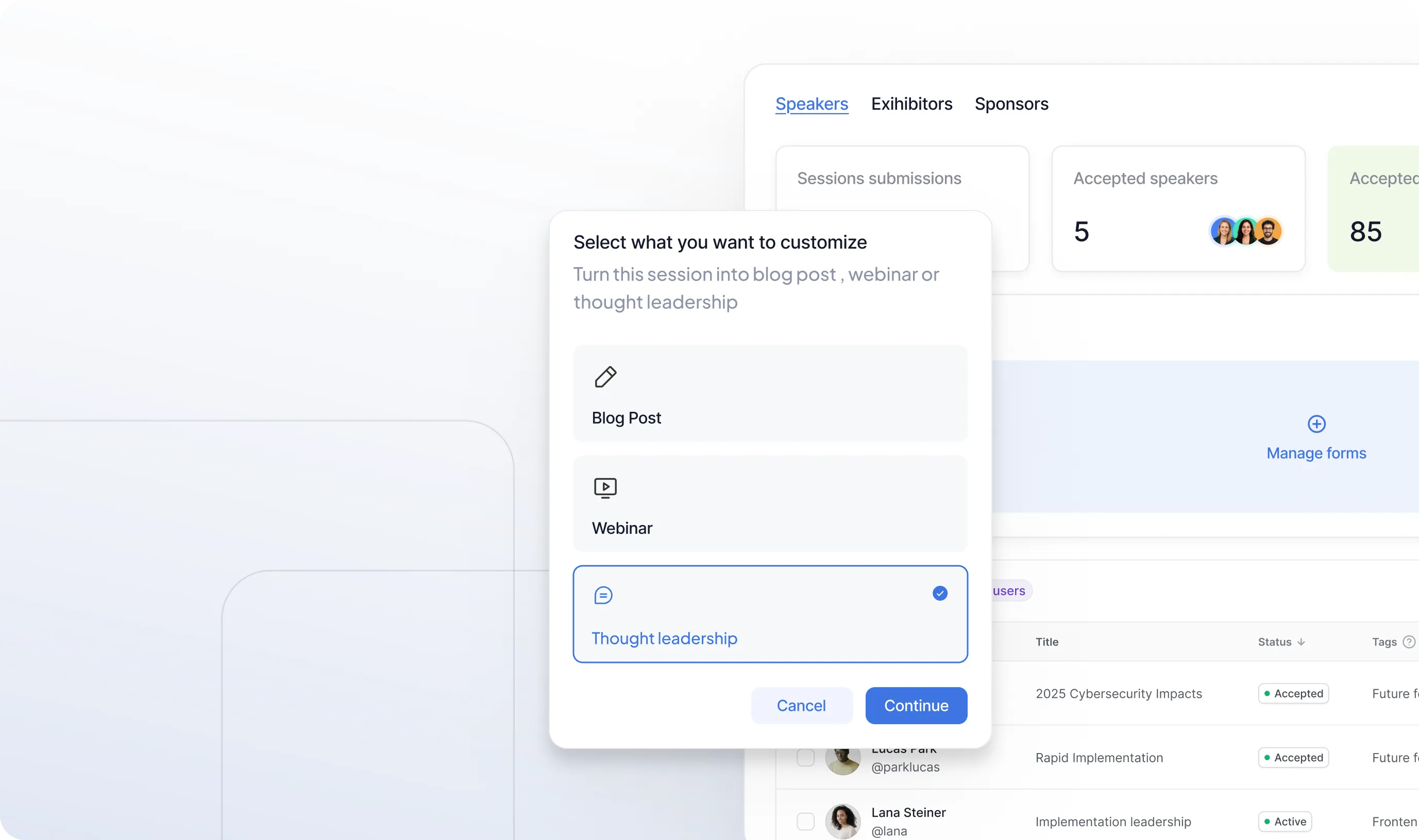 User interface showing a customization popup with options to turn a session into a Blog Post, Webinar, or Thought leadership, with Thought leadership selected.