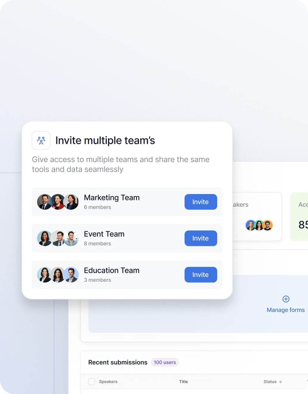 User interface showing options to invite multiple teams: Marketing Team with 6 members, Event Team with 8 members, and Education Team with 3 members, each with a blue Invite button.