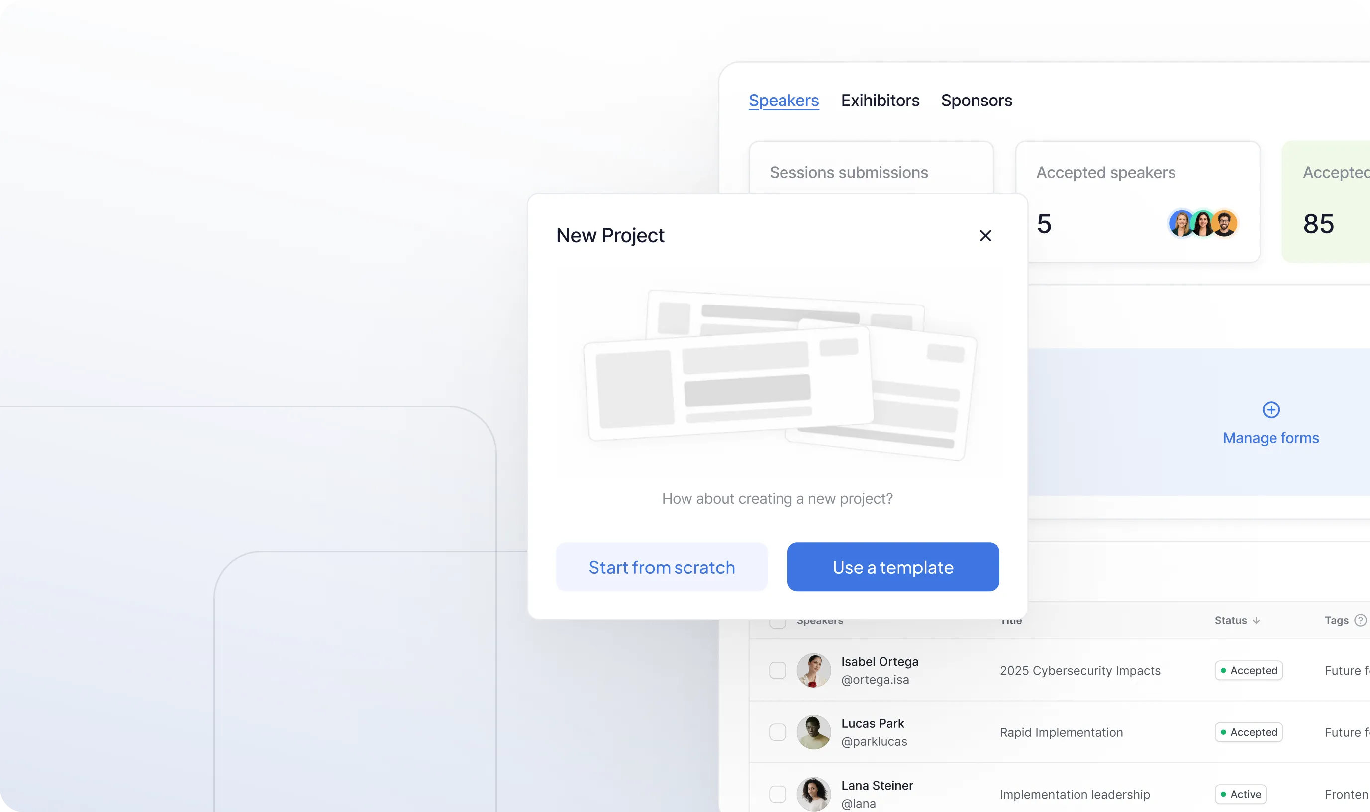 User interface showing a 'New Project' popup with options to start from scratch or use a template, over a project management dashboard listing speakers and their presentation statuses.