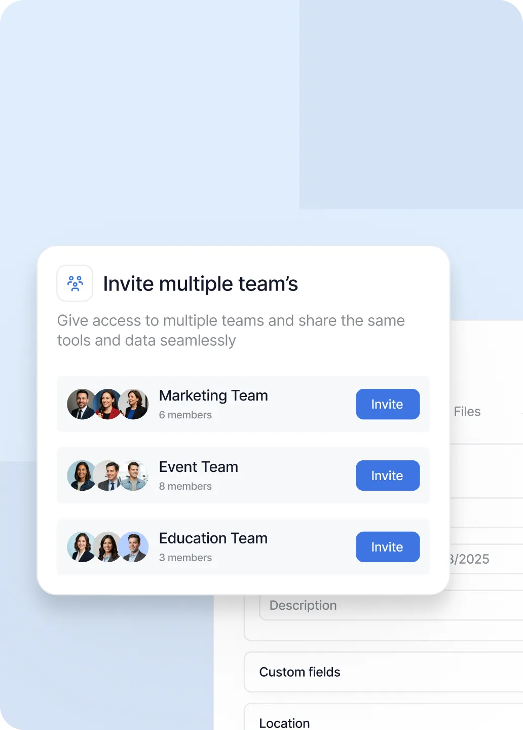 User interface panel showing options to invite multiple teams, including Marketing Team with 6 members, Event Team with 8 members, and Education Team with 3 members, each with an Invite button.