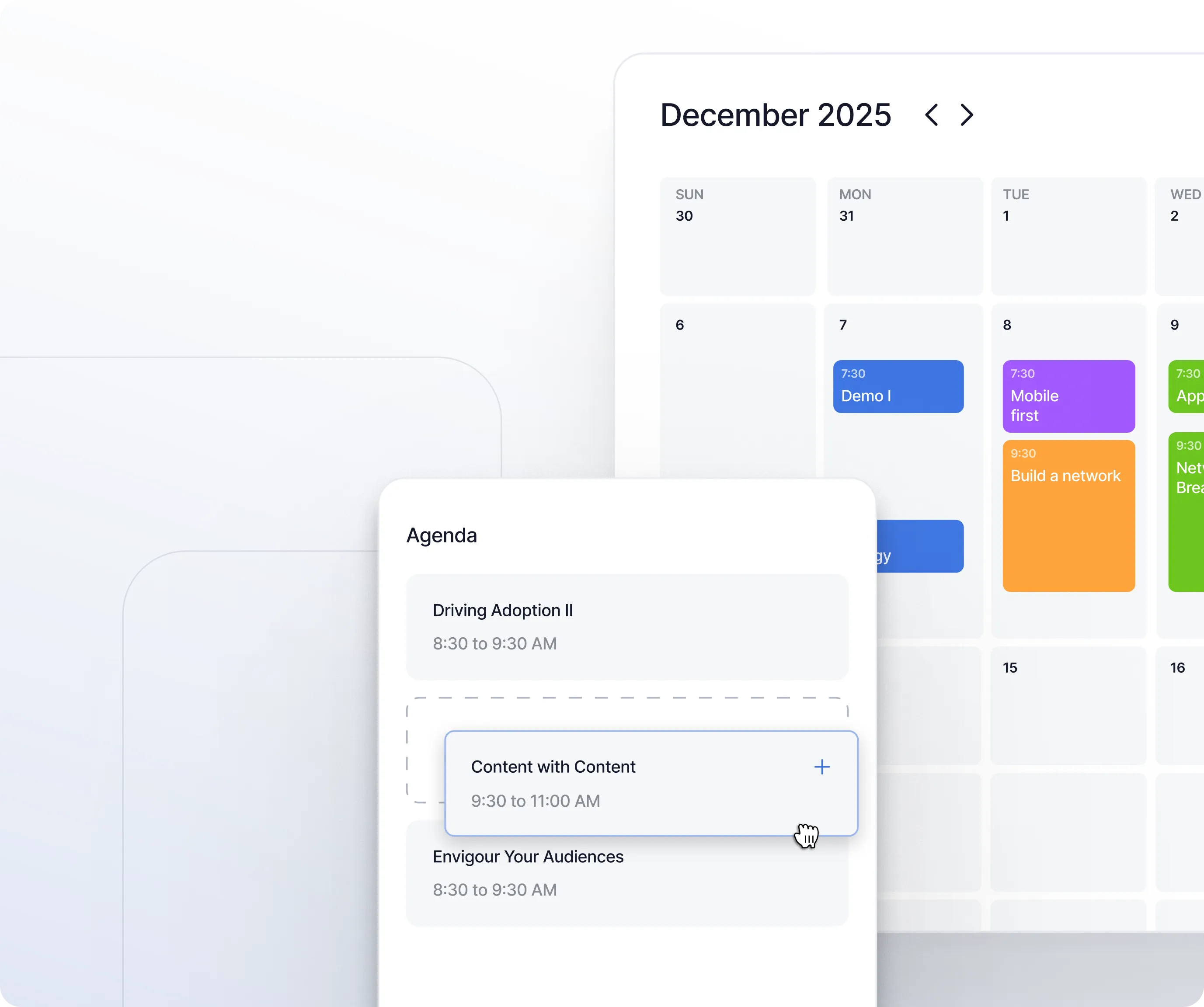 User interface showing a December 2025 calendar with color-coded events and a focused agenda view listing sessions: Driving Adoption II, Content with Content, and Envigour Your Audiences with their respective times.