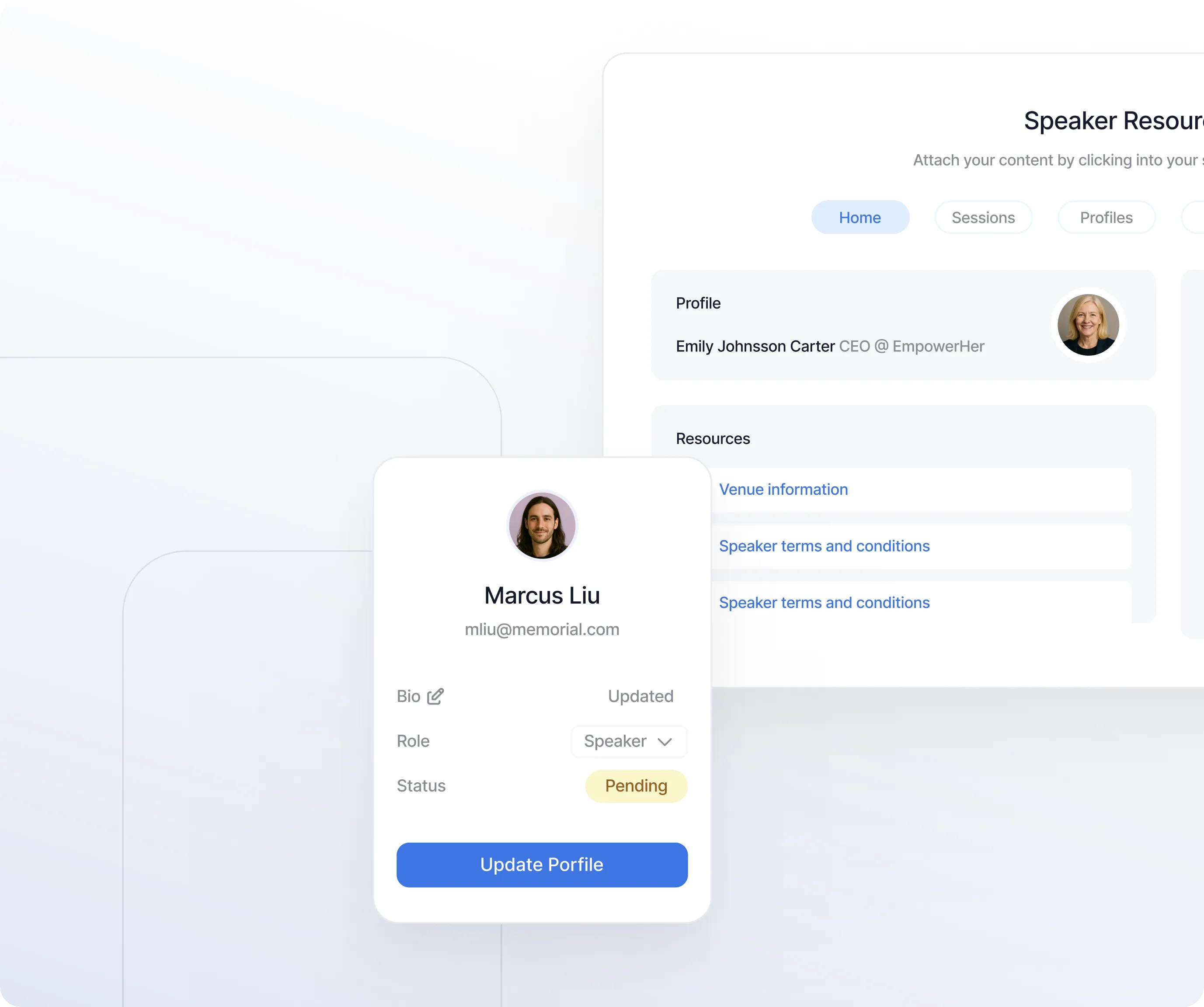 User profile card for Marcus Liu with email mliu@memorial.com, role Speaker, status Pending, and an Update Profile button, shown over a speaker resource page.