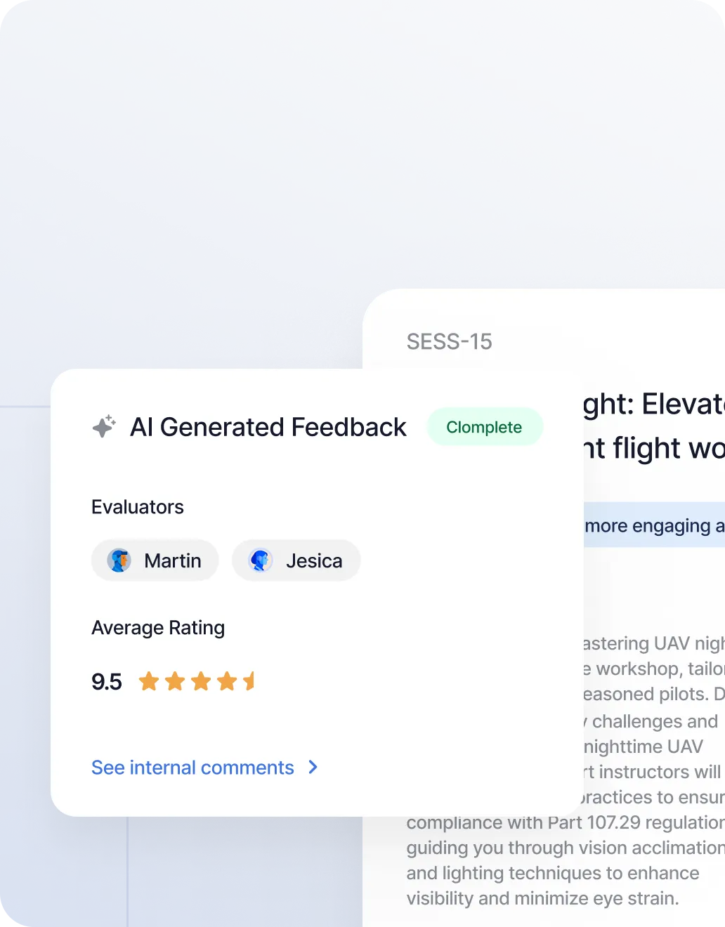 User interface showing evaluation type options: Virtual Evaluators for auto-evaluation using AI personas, and Assign Evaluators to invite members; profile card of Quinn J. Davis with likes including bold ideas, authentic diverse perspective, real-world applications, and dislikes including overly scripted delivery, lack of relevance, lecture-styled content.