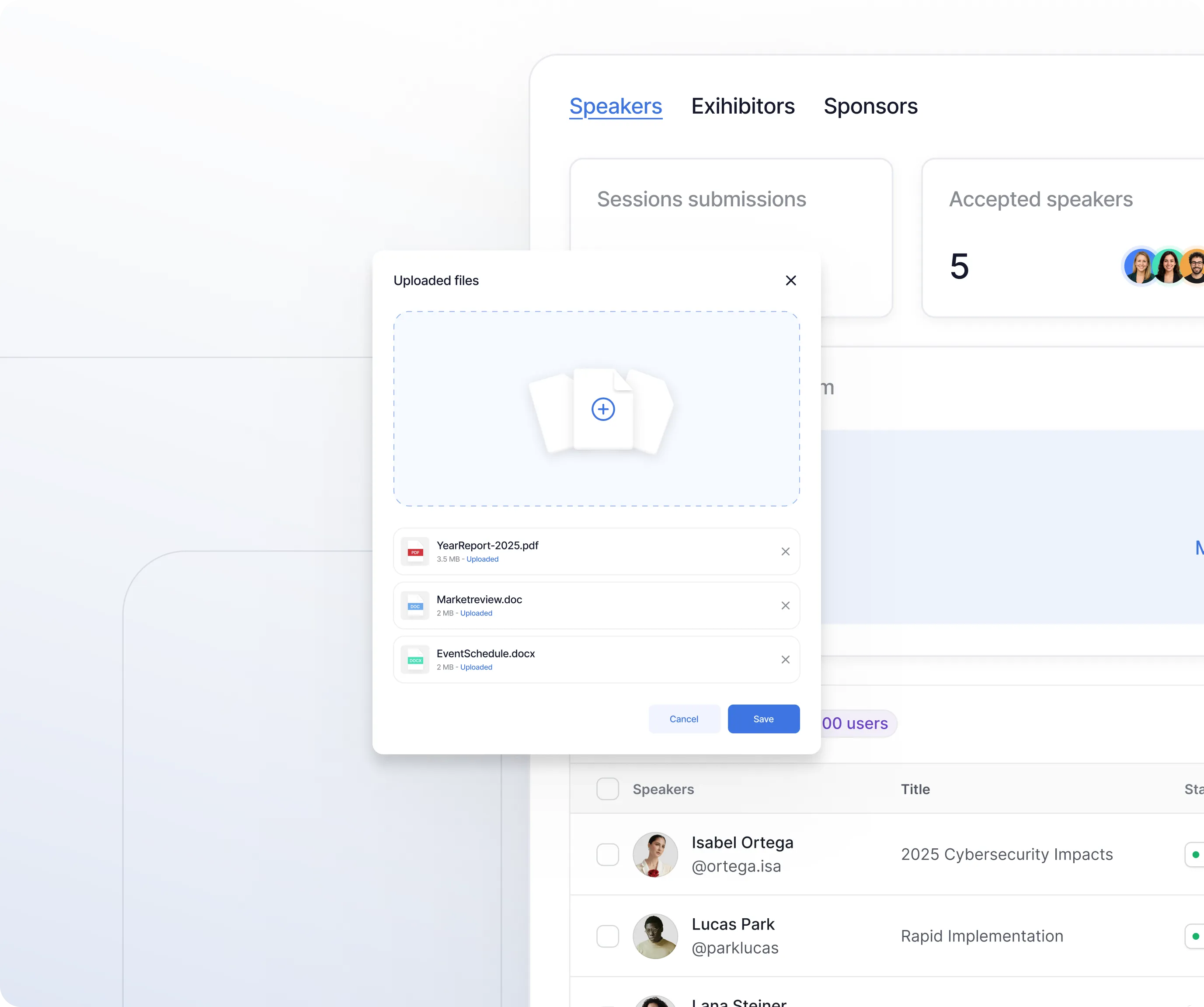 User interface showing an upload files dialog with three uploaded documents: YearReport-2025.pdf, Marketreview.doc, and EventSchedule.docx, with options to cancel or save.