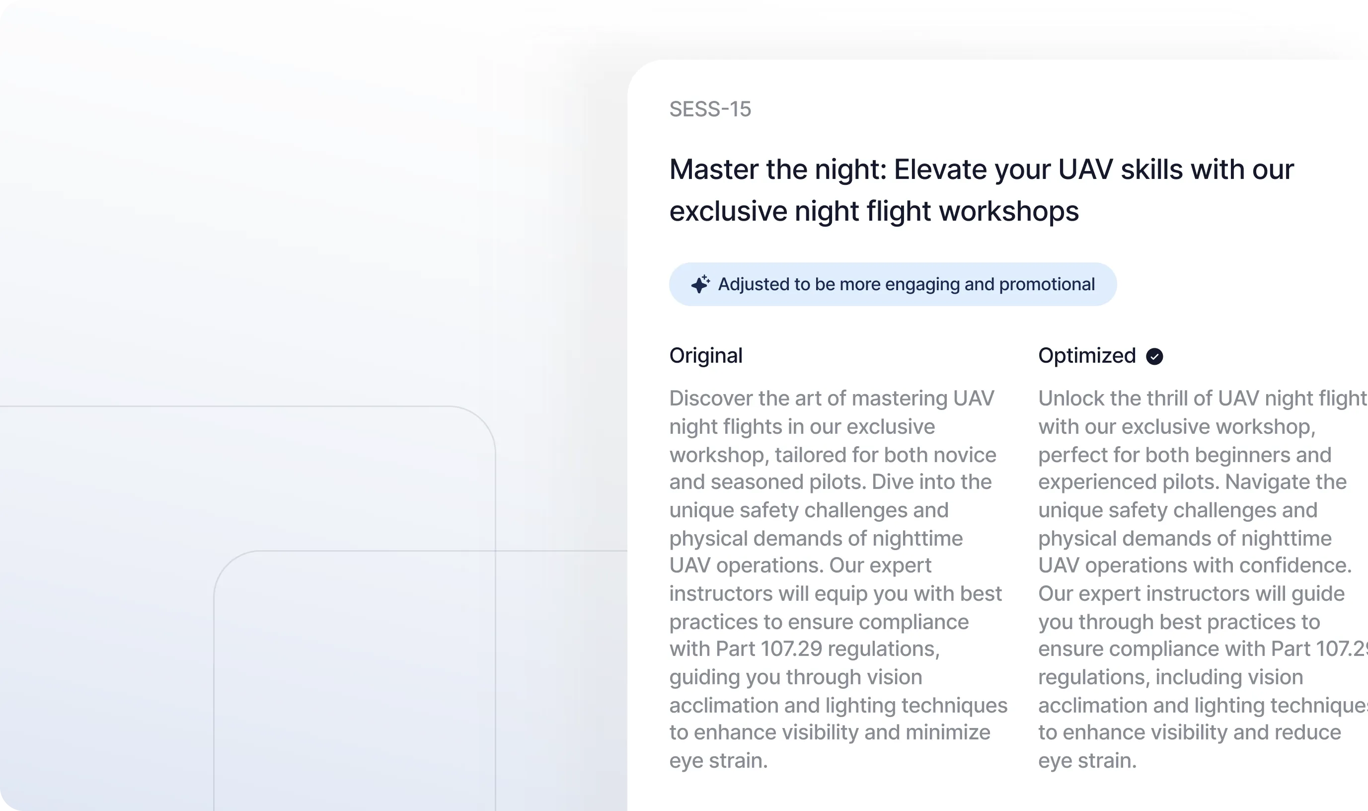 Editing interface showing session selection with revised title and description, integrated into the event workflow