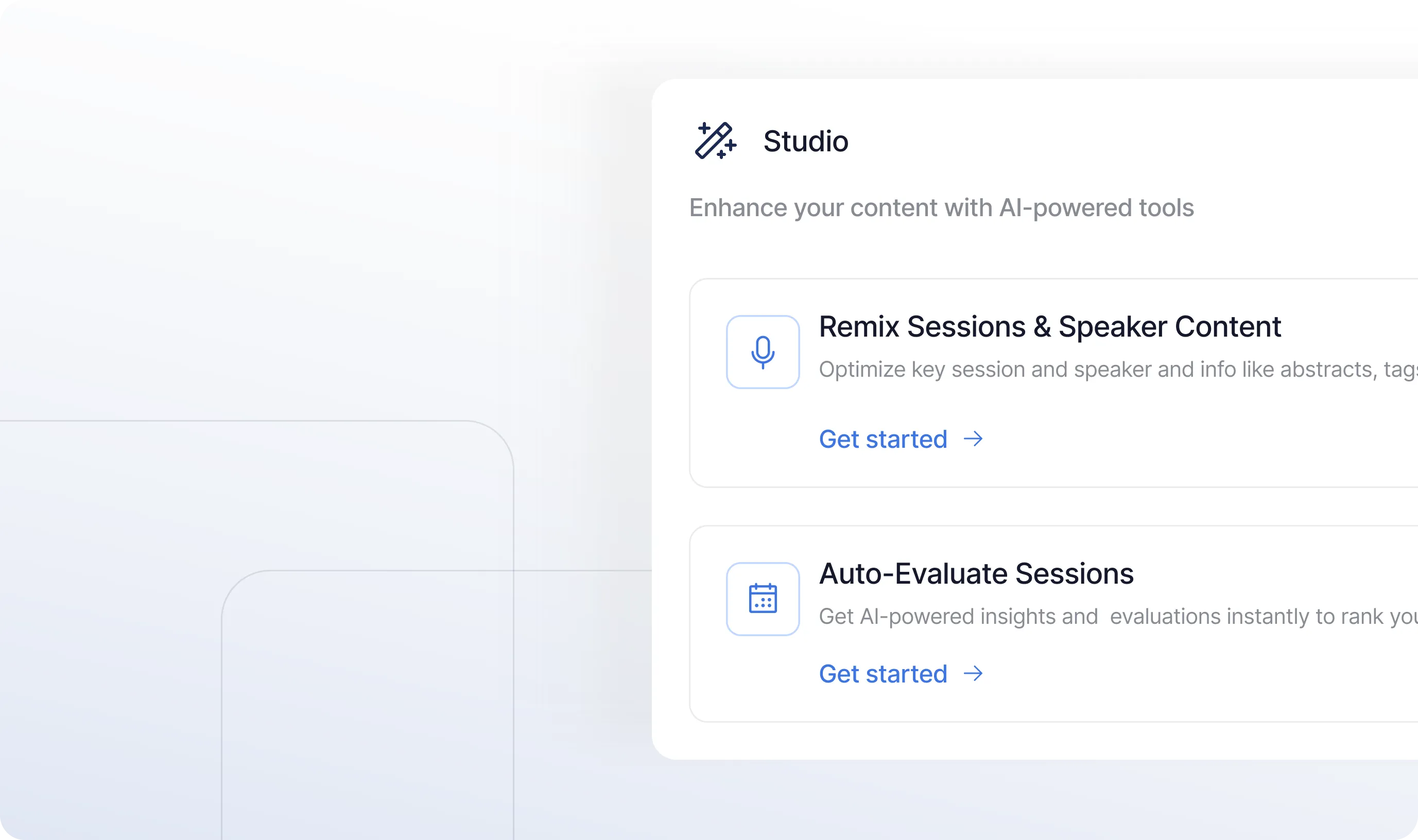 User interface showing AI-powered Studio tools with options to remix sessions and speaker content, and auto-evaluate sessions, each with a Get started link.