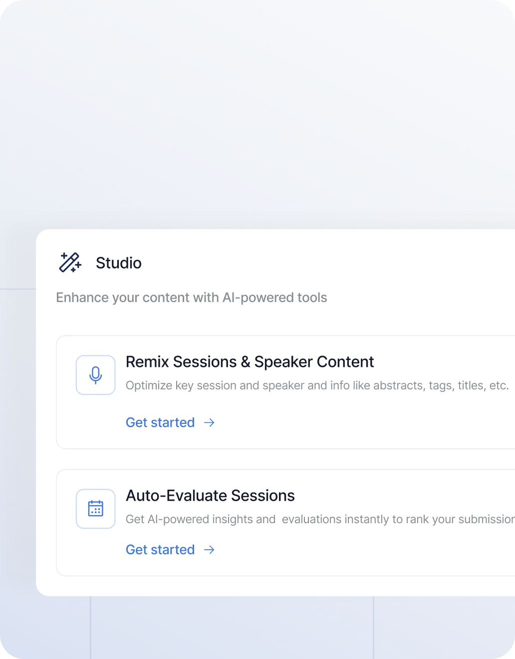 Summary panel showing professional event content with improved session titles (4), session descriptions (8), tags (0), and tracks (0) for clarity and engagement.
