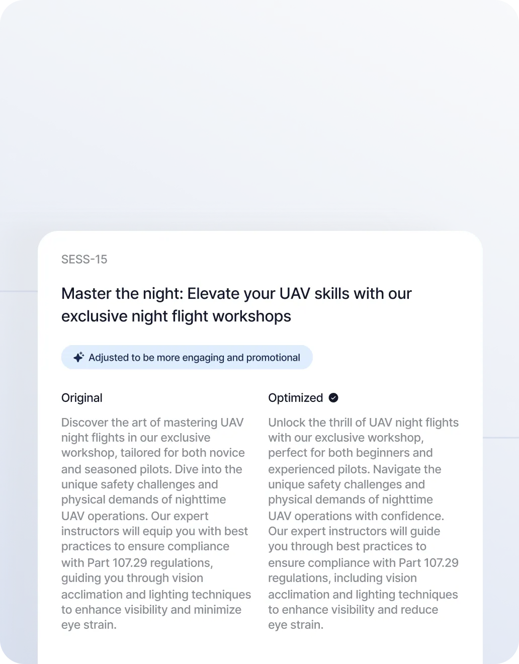 Comparison of original and optimized text for a UAV night flight workshop promotional description.